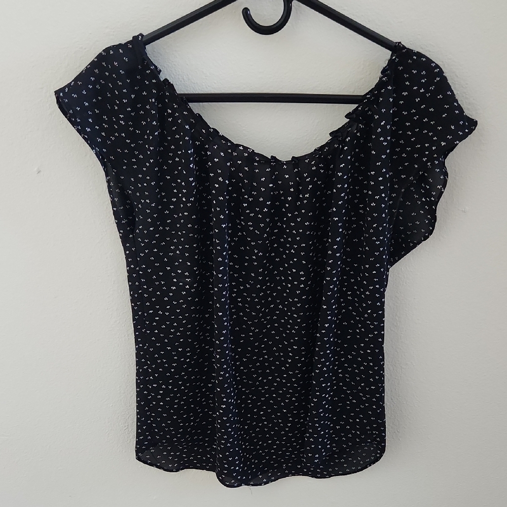 Lauren Conrad Women's Black Floral Polka Dot Top